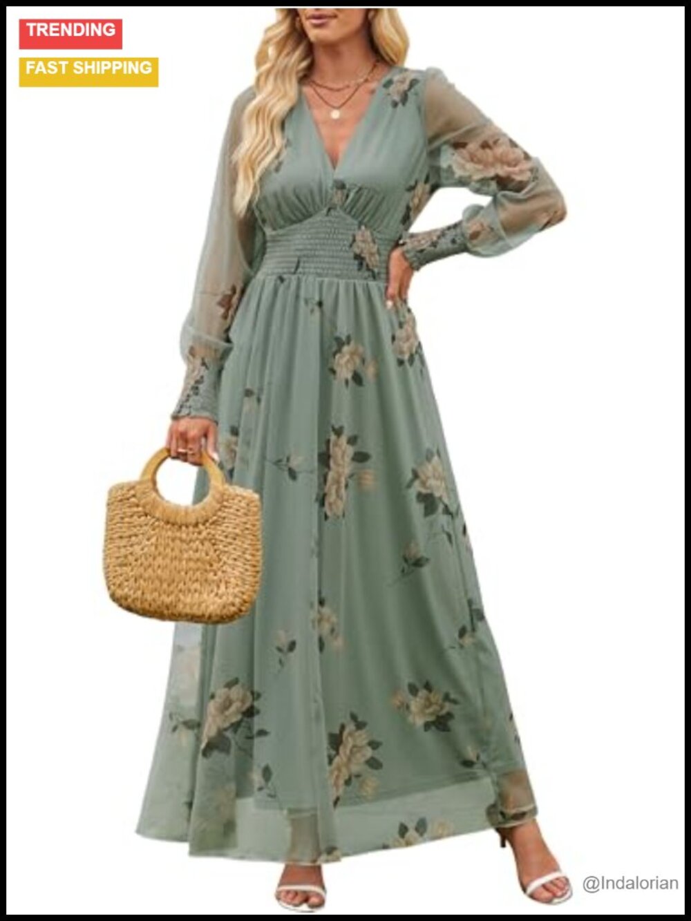 Women's Tulle Floral Long Sleeve Maxi Dress Wedding Guest Puff Sleeve
